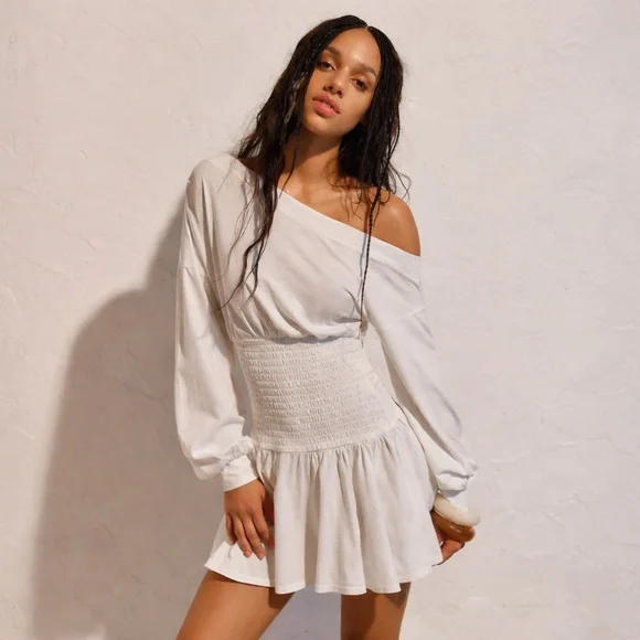 Free People Free-Est Scorching Hot Ivory Mini Dress Smocked Off Shoulder Boho M - Picture 10 of 10